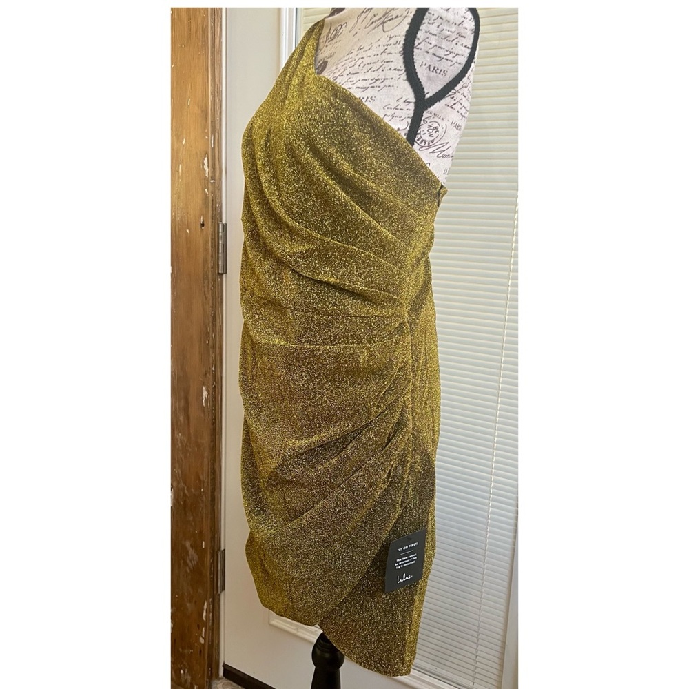 Gold Shimmer Sparkly Knit Ruched One-Shoulder Mini Dress - Picture 4 of 7
